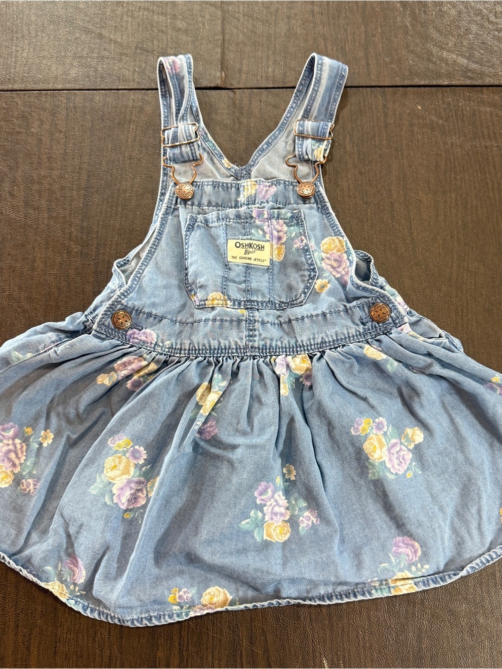 OshKosh B'gosh Girls' Blue Floral Denim Overall Dress Sz 2T
